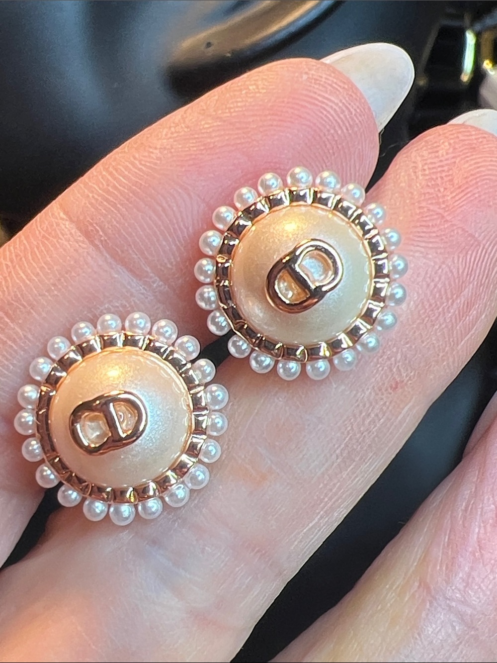 Gold-Tone Pearl-Trim Round Logo Earrings